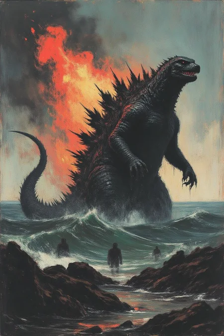 apoca1 illustration. Godzilla emerges from the sea, breathing fire <lora:apocalypse_now1_fl_d4a2:1.0><lora:803273620391592070:0>