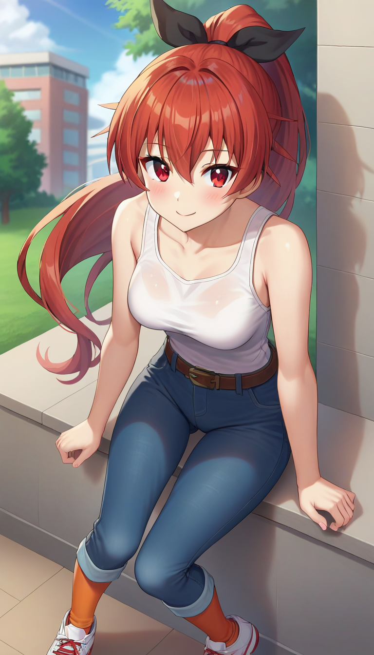 score_9,score_8_up,masterpiece,best quality,correct anatomy,anime_source,1girl,solo,perfect eyes,perfect arms,perfect legs,perfect face,outdoors,upper body,(portrait:1.5),looking at viewer,facing viewer,smile,blush,Kuune,very long hair,red hair,ponytail,hair ribbon,black ribbon,hair between eyes,bangs,red eyes,collarbone,bare shoulders,white tank top,sleeveless,medium breasts,brown belt,jeans,pants rolled up,orange socks,sneakers,white footwear,<lora:Kuune(hns)-Pony:1.2>,