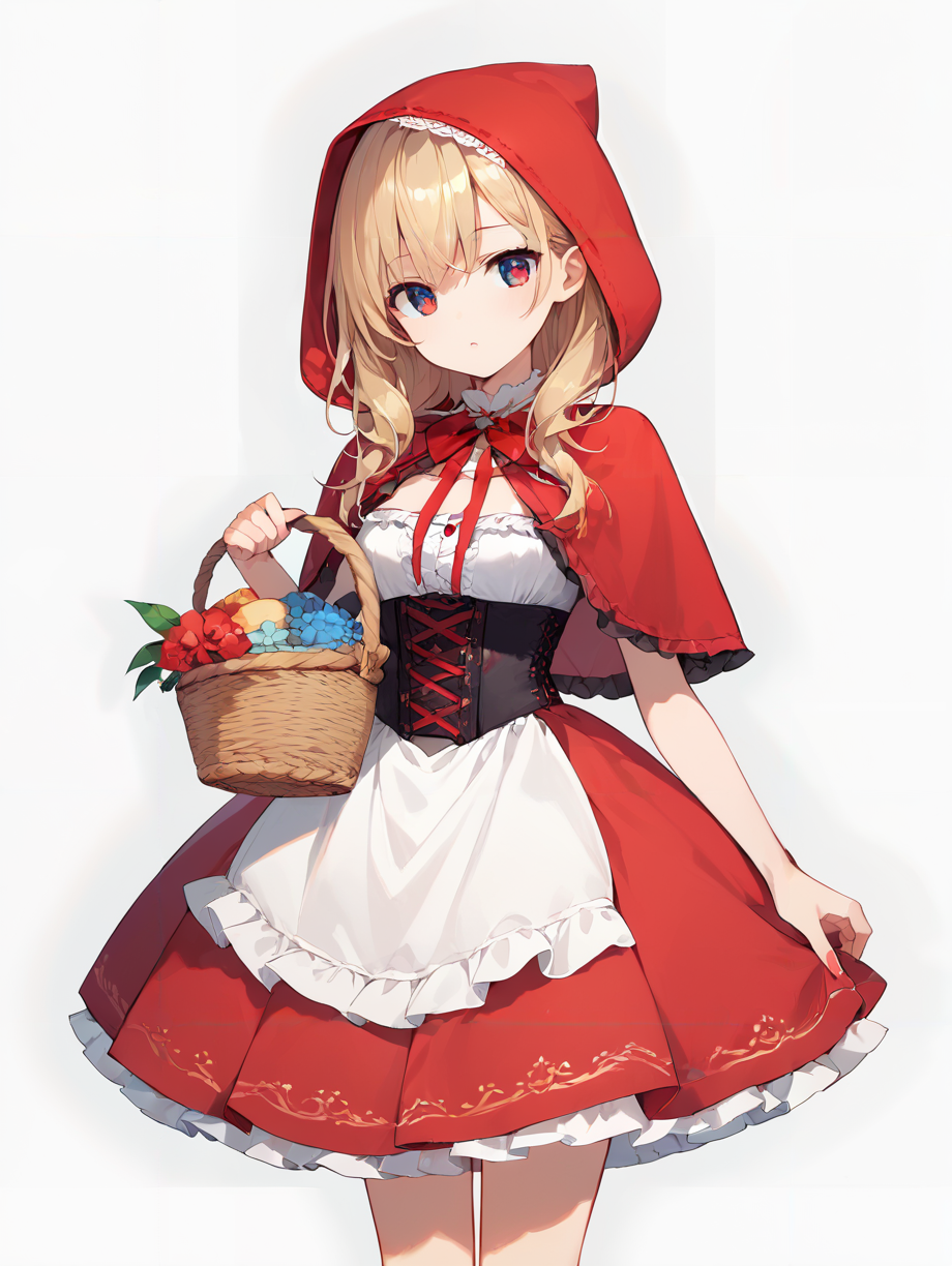 score_9, score_8_up, score_7_up,source_anime, high res image,masterpiece,best quality,girl,cute face,clear skin,shiny hair,ultra detailed eyes,simple background, <lora:Little Red Riding Hood_pony_V1.0:0.8> little red riding hood, red dress, basket, skirt, corset , frills,