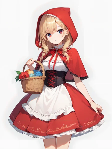 score_9, score_8_up, score_7_up,source_anime, high res image,masterpiece,best quality,girl,cute face,clear skin,shiny hair,ultra detailed eyes,simple background, <lora:Little Red Riding Hood_pony_V1.0:0.8> little red riding hood, red dress, basket, skirt, corset , frills,
