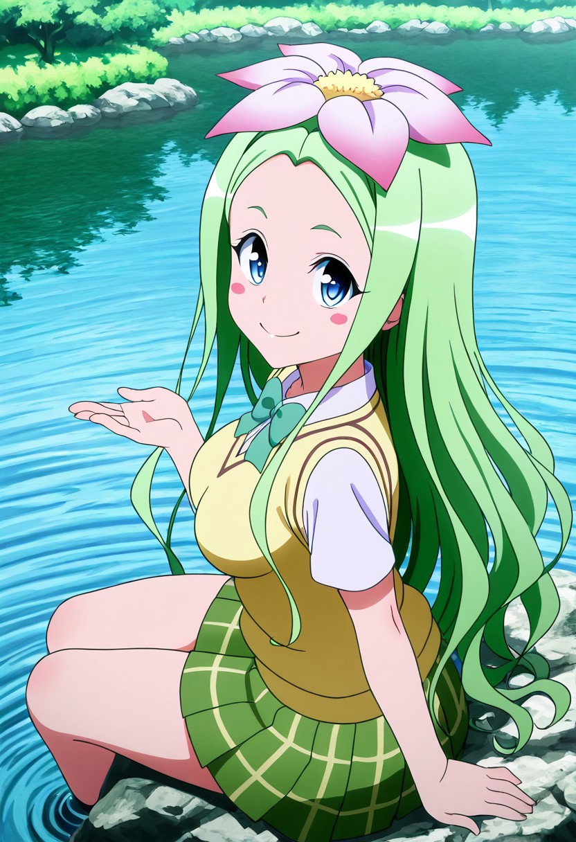 masterpiece, best quality, medium breasts, anime screenshot, to love-ru, to love-ru darkness, absurdres, highres, smile, solo,
celine \(to love-ru\) , celine, large breasts, long hair, blue eyes, hair ornament, flower, green hair, hair flower, wavy hair, blush stickers, anime screencap,
green skirt, plaid, plaid skirt, sainan school uniform, school uniform, skirt, sweater vest, yellow sweater, short sleeves,
sitting on a rock, lakeside, gentle breeze, reflective water, warm sunlight, relaxed expression, looking at viewer, smile, side view, from above, Sitting on a smooth rock by the crystal-clear lake, she leans back on her hands, letting out a soft sigh of contentment. The afternoon sun glistens on the rippling water, creating shimmering reflections that dance across her clothes. hair sways in the light breeze.