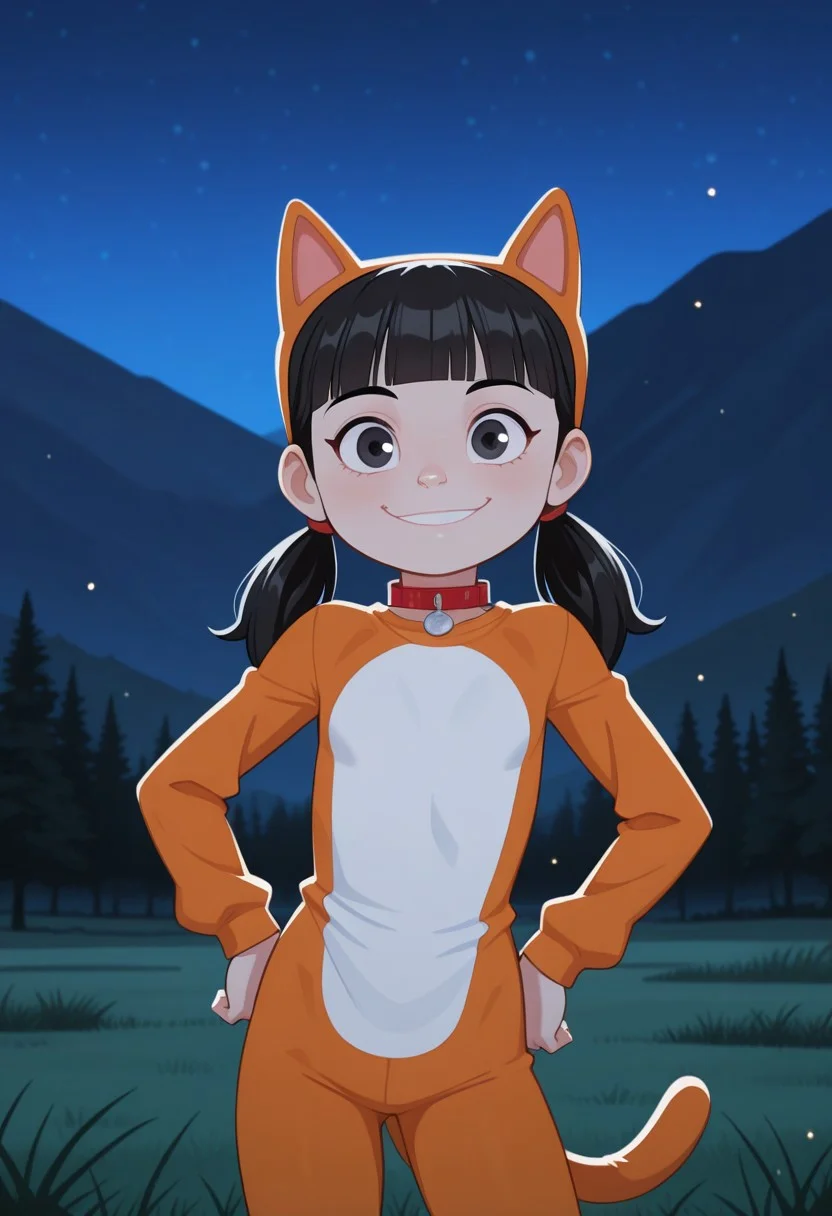 score_9,score_8_up,score_7_up,score_6_up, masterpiece, best quality, very aesthetic, 2d, ((thin lines)),
volumetric lighting, light particles, depth of field,
detailed background, outdoors, distant mountains, trees, grass, night sky,
BREAK
1girl, (female focus), solo, Perfect Body, (Perfect Anatomy), kitty_cat_illus, black eyes, blunt bangs, black hair, twintails,
smile,
collar, cat costume, animal costume, tail
cowboy shot, from the front,
standing, waving, hands on hips, smiling, dynamic pose, wide stance, looking at viewer