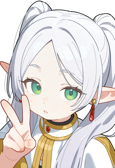 omo-omo2, (frieren:0.5), 1girl, solo, long hair, looking at viewer, simple background, white background, jewelry, twintails, green eyes, white hair, grey hair, earrings, parted lips, pointy ears, parted bangs, v, capelet, portrait, elf, white capelet,masterpiece,best quality,newest,absurdres,highres,very awa,detail background