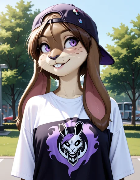 masterpiece, best quality, very aesthetic, absurdres,
outdoors, streetwear,  
upper body, posing, standing, 
seductive smile, parted lips, long eyelashes,
<lora:Nicole_Meadowsong_v01_NAIXL:1>
N1c013,1girl,solo,furry,furry female,rabbit girl,brown hair,backwards hat,short hair,rabbit ears,purple eyes,snout,animal nose,whiskers,buck teeth,body fur,two tone fur,brown fur,grey fur,