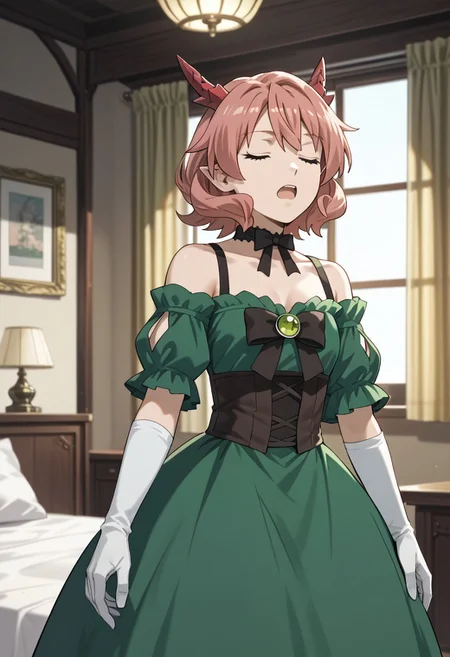 score_9,score_8_up,score_7_up,source_anime,FAFNIR_GUILDMELAG_LINDA_BLAIR_HANAKO,1girl,solo,open mouth,gloves,dress,bow,ribbon,bare shoulders,collarbone,closed eyes,choker,indoors,elbow gloves,white gloves,profile,dragon horns,green dress,