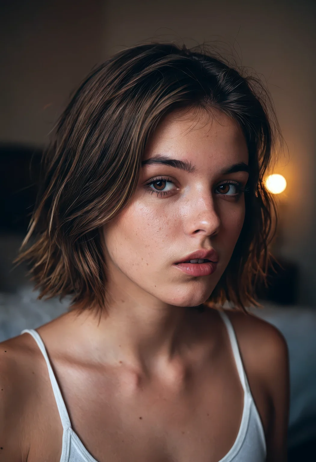 RAW editorial photo, hyper-realistic portrait of a short-haired girl in a messy girlie bedroom, parted lips with small nose piercing, deep expressive eyes, brown hair loosely styled, wearing a casual tank top, masterpiece-level rendering, shallow depth of field with intense cinematic rim lighting, film grain texture, (high contrast and bokeh), dramatic light cascading through cluttered background, subtle skin texture with fine pores, soft cinematic color tones, ultra high detail, photorealistic, high-budget fashion photography mood, professional lighting, HDR quality