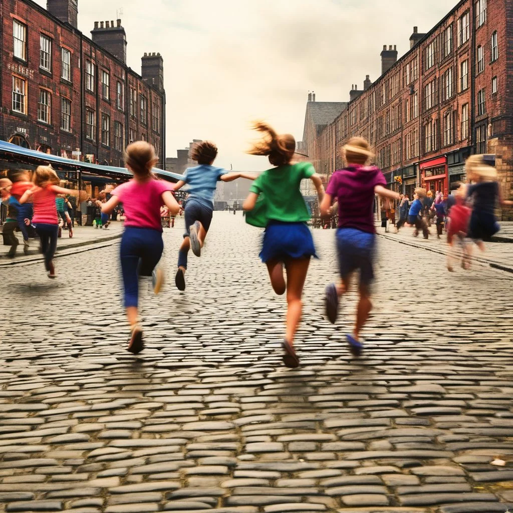 photorealistic, urban photography, marketplace with crowd of people buying selling at market stall, 2boys, 2girls, playing chase, holding hands, running away, laughing with joy, motion blur, on cobblestone street, grid, background buildings, industrial Manchester, Northern_England, high quality, concept art