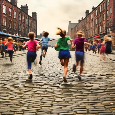 photorealistic, urban photography, marketplace with crowd of people buying selling at market stall, 2boys, 2girls, playing chase, holding hands, running away, laughing with joy, motion blur, on cobblestone street, grid, background buildings, industrial Manchester, Northern_England, high quality, concept art