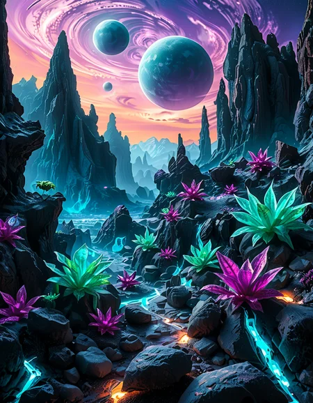 A breathtaking, high-resolution photograph of an alien planet with a surreal and otherworldly landscape. The sky is filled with two massive moons, casting an eerie glow over the terrain. Jagged rock formations, covered in bioluminescent moss, stretch across the horizon, glowing in shades of blue and purple. Strange, twisted plants with translucent leaves and pulsating veins grow from the cracked, iridescent soil. In the distance, towering crystalline mountains shimmer under the light of a distant red sun, their peaks enveloped in a misty, ethereal haze. The air is thick with floating luminescent spores, drifting like tiny fireflies. Rivers of liquid metal carve through the landscape, reflecting the vibrant alien sky. The atmosphere is a mix of neon blues, purples, and greens, creating a mesmerizing and futuristic scene, as if taken from the surface of a newly discovered exoplanet.
<lora:SDXLFaeTastic2400:0.4> <lora:extremely_detailed:0.4> extremely detailed,<lora:alien_pl4n3t:1>,alien pl4n3t