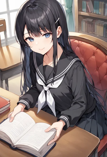 score_9,score_8_up,score_7_up,source_anime,masterpiece,best quality,game cg,1girl,solo,shimotsuki_rin,blue eyes,black hair,long hair,mole left under eye,hair ornament,hairclip,school uniform,long_sleeves,black serafuku,skirt,pantyhose,white neckerchief,<lora:HBSrin:0.9>,library,looking_at_viewer,sitting_on_chair,half-closed eyes,smile,closed mouth,open_book,reading,holding_book,table,