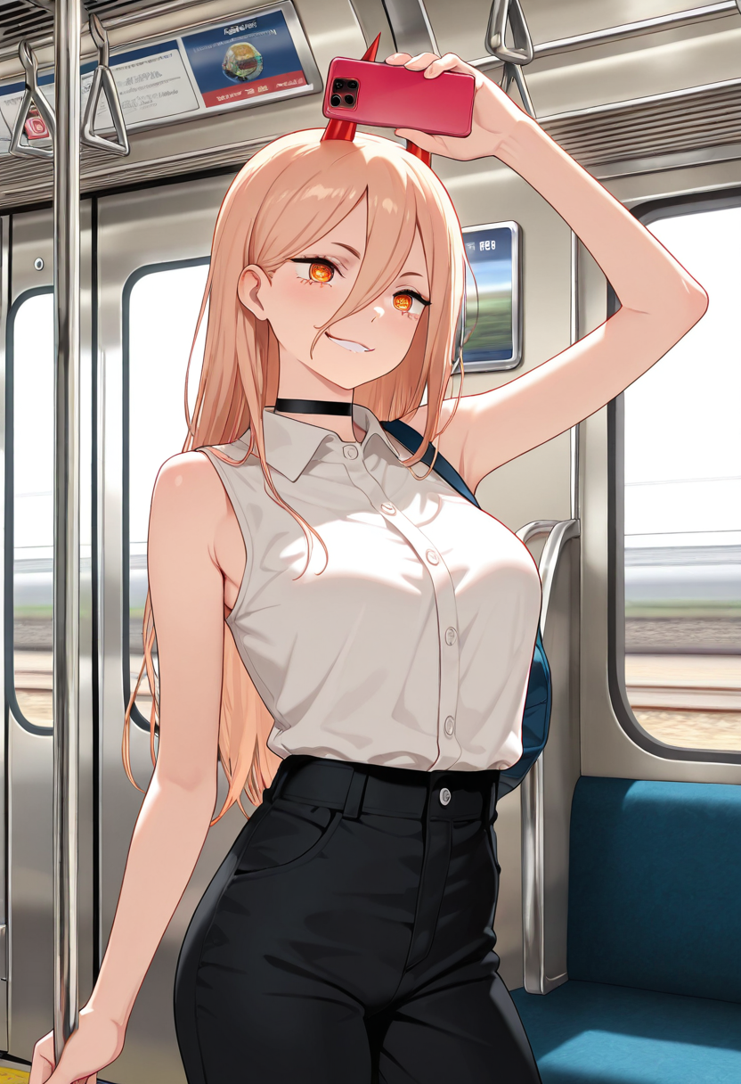 masterpiece, best quality, amazing quality, ultra detailed, intricate detailed, solo, 1girl, adult, smile, power_(chainsaw-man), white collared shirt, sleeveless, black choker, standing, train, train interior, holding phone, arm up, cowboy shot,  <lora:MNTO_Style_IL:0.81>