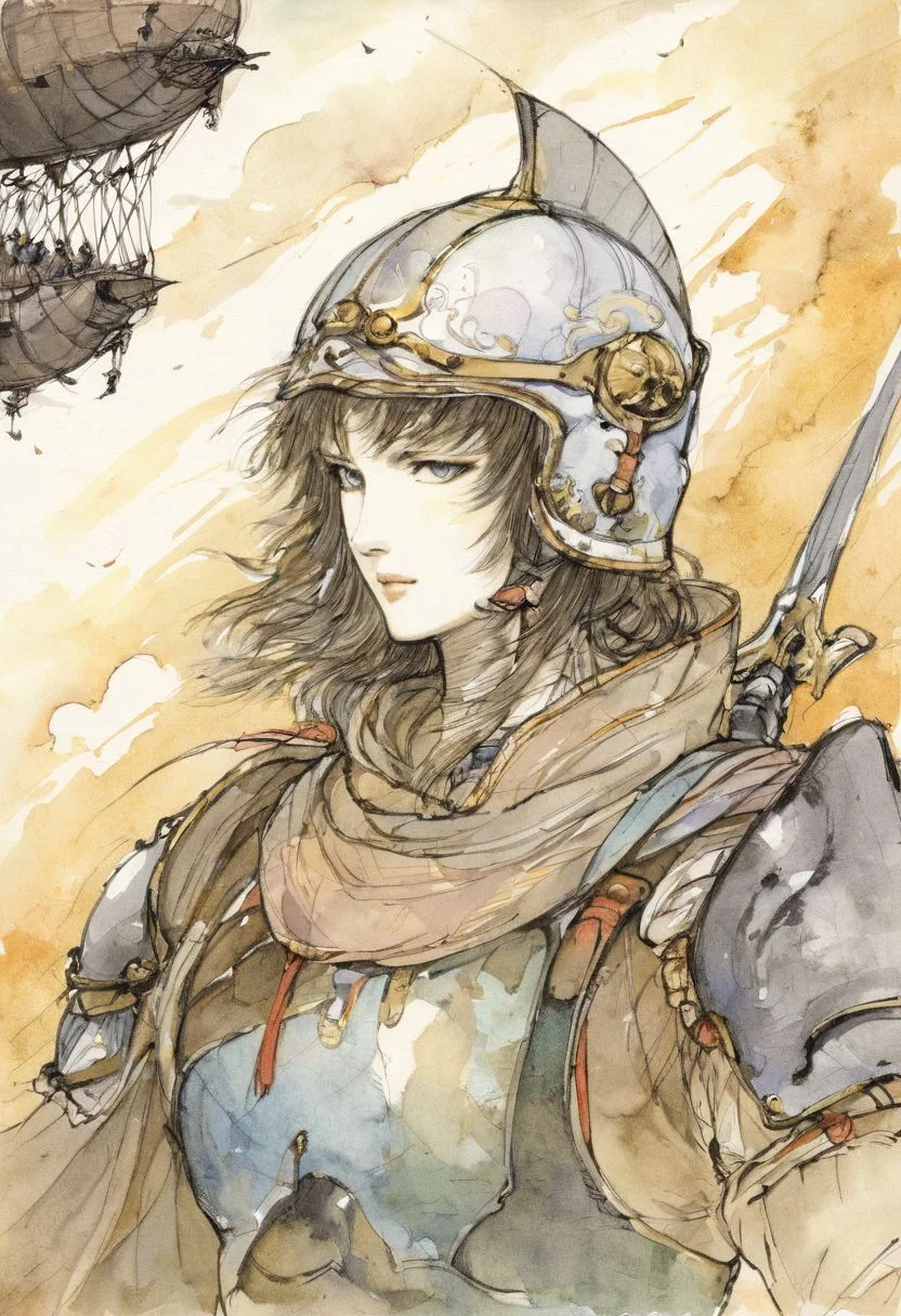 by amano yoshitaka, Warrior , armor , helmet , weapon, heroic , battlefield , shiny , airship, traditional media , watercolour, fantasy illustration , soft colors <lora:amano_yoshitaka_xl:1>