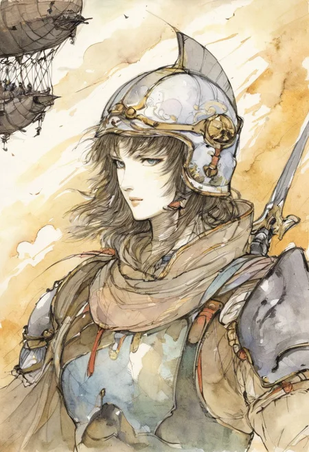 by amano yoshitaka, Warrior , armor , helmet , weapon, heroic , battlefield , shiny , airship, traditional media , watercolour, fantasy illustration , soft colors <lora:amano_yoshitaka_xl:1>