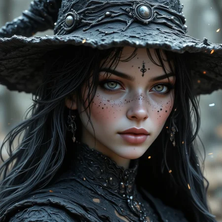 1girl, Beauty, nightmare, horror, high quality, ultra hd, enhanced detail, crystal clear, high definition color, high definition texture, sharpen, perfect imperfection, masterpiece, monster, nightmare, fear, hkmagic, cartoony anime, beautiful witch, witch hat,