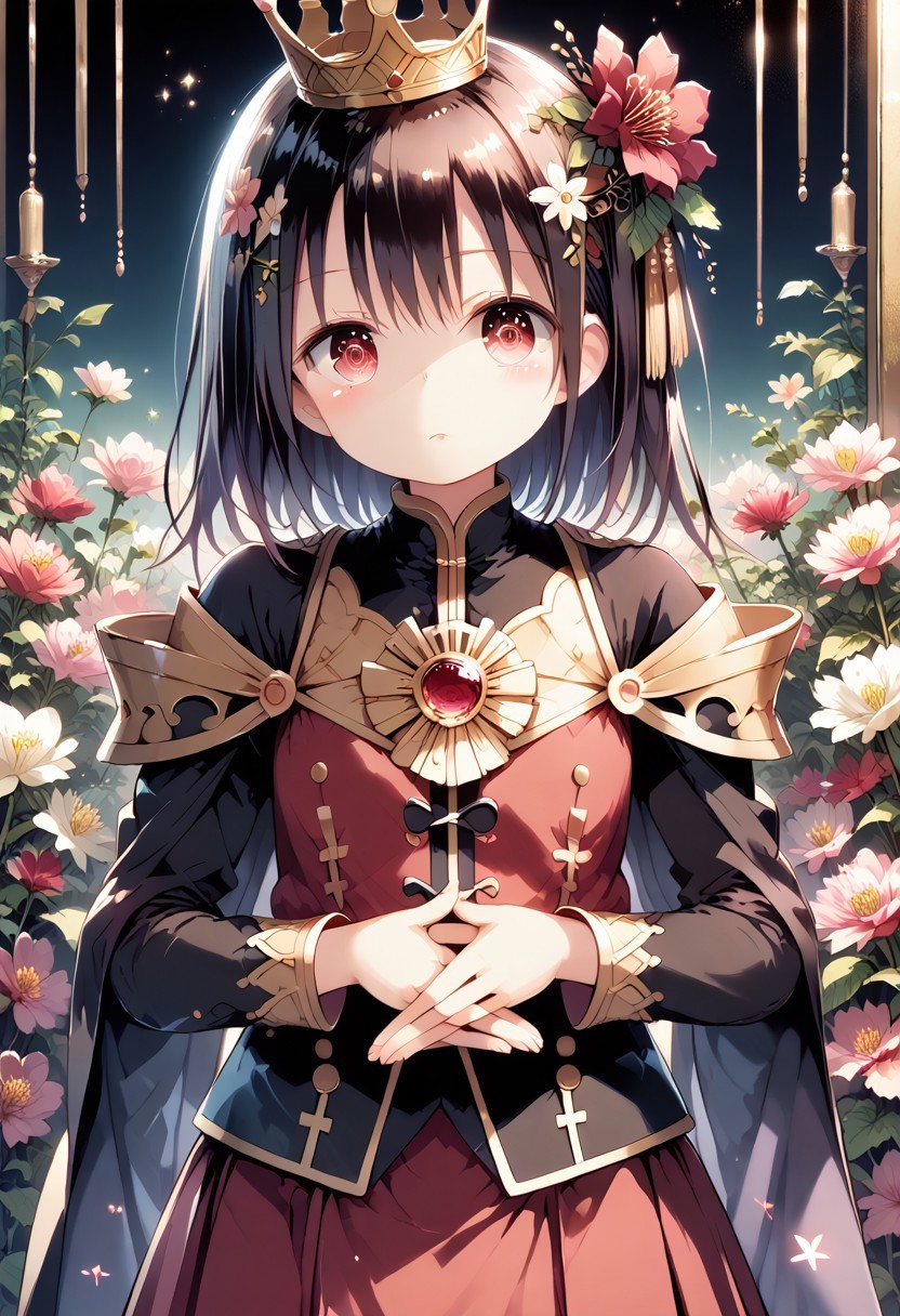 score_9, score_8_up, score_7_up, 1girl,FujisakaLP,high definition eyes, (masterpiece), (best quality), (ultra detailed),(disheveled hair),(illustration), (best shadow), detail1eye, 18 year old beautiful girl, masterpiece, best quality, 8K animation, detailed fingers, precise fingers, not unnatural hands, illustration, 1 girl, solo, pink bob cut, gold crown, flower hair ornament, sagging eyes, red mini skirt, YUI