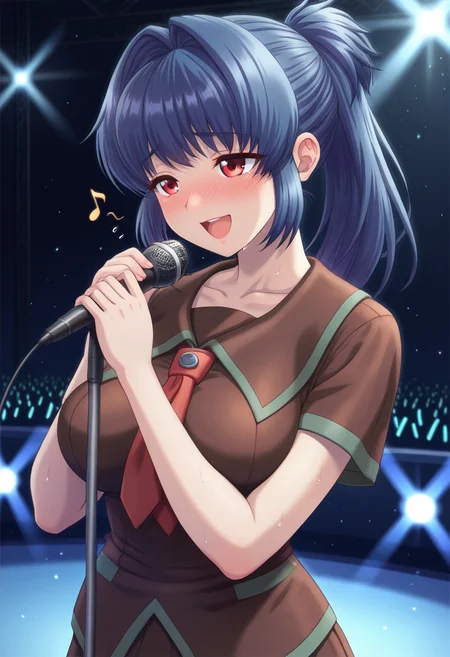 masterpiece, best quality, amazing quality, 1girl, solo, ikumiww, red eyes, blue hair, long hair, ponytail, hair intakes, large breasts, school uniform, brown serafuku, collarbone, brown shirt, short sleeves, red necktie, brown pleated skirt, <lora:Yasuda_Ikumi_Yuumei_Sakai_o_Koto_ni_Suru_ill:0.8>, (singing, music, concert), microphone stand, holding microphone stand, musical note, sweat, flying sweatdrops, outdoors, stage, stage lights, spotlight, light particles, open mouth, (sad smile), nose blush, skindentation, detailed clothing folds, depth of field, sharp, high contrast, dynamic light
