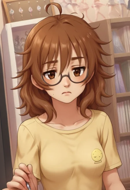 score_9, score_8_up, score_7_up, BREAK, source_anime, ARAKI HINA BROWN HAIR, MEDIUM HAIR, BROWN EYES, MESSY HAIR, BIG HAIR, FLIPPED HAIR, TIRED HAIR, AHOGE, JITOME, MEDIUM BREASTS, j0j0styl3