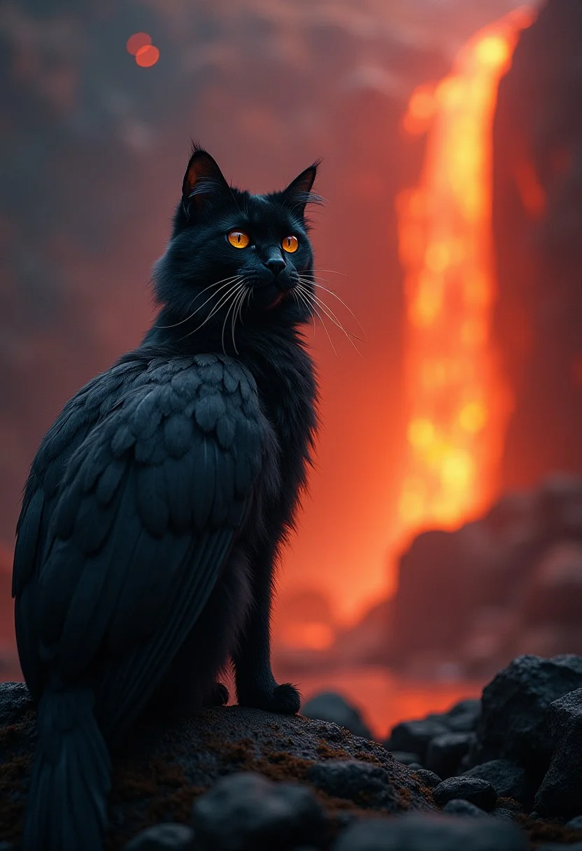 real cinematic a biggest cat-bird against a background of lava-waterfall, atmospheric, dark fantasy, photorealism, professional photo, hyperrealism, high resolution, high detail, many details, colorful, rmx-v7, 16k, UHD, HDR, 30mm lens, 1/250s, f/2.8, ISO 100
