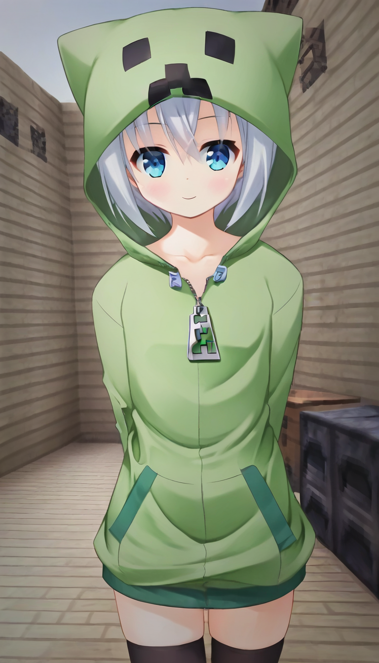 score_9,score_8_up,score_7_up,score_6_up BREAK official art,1girl,solo,outdoors,cowboy shot,looking at viewer,facing viewer,smile,blush,Creeper,animal hood,grey hair,short hair,hair between eyes,blue eyes,collarbone,green hoodie,hooded jacket,naked hoodie,zipper,long sleeves,flat chest,zettai ryouiki,black thighhighs,loafers,<lora:Creeper(Kanna Hisashi)-Pony:1.5>,