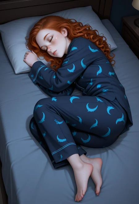 Masterpiece, best quality, high quality, (official style), 
<lora:Gingerella_-_OC_ILL:0.8> 1girl, g1ng3r3ll4_ill, long hair, lips, freckles: (0.5), redhead, ginger, pale skin, wavy hair, curly hair, petite, busty, full body, sleeping, head on pillow, dinosaur pattern pajamas, night, dark room, black light, neon colors,