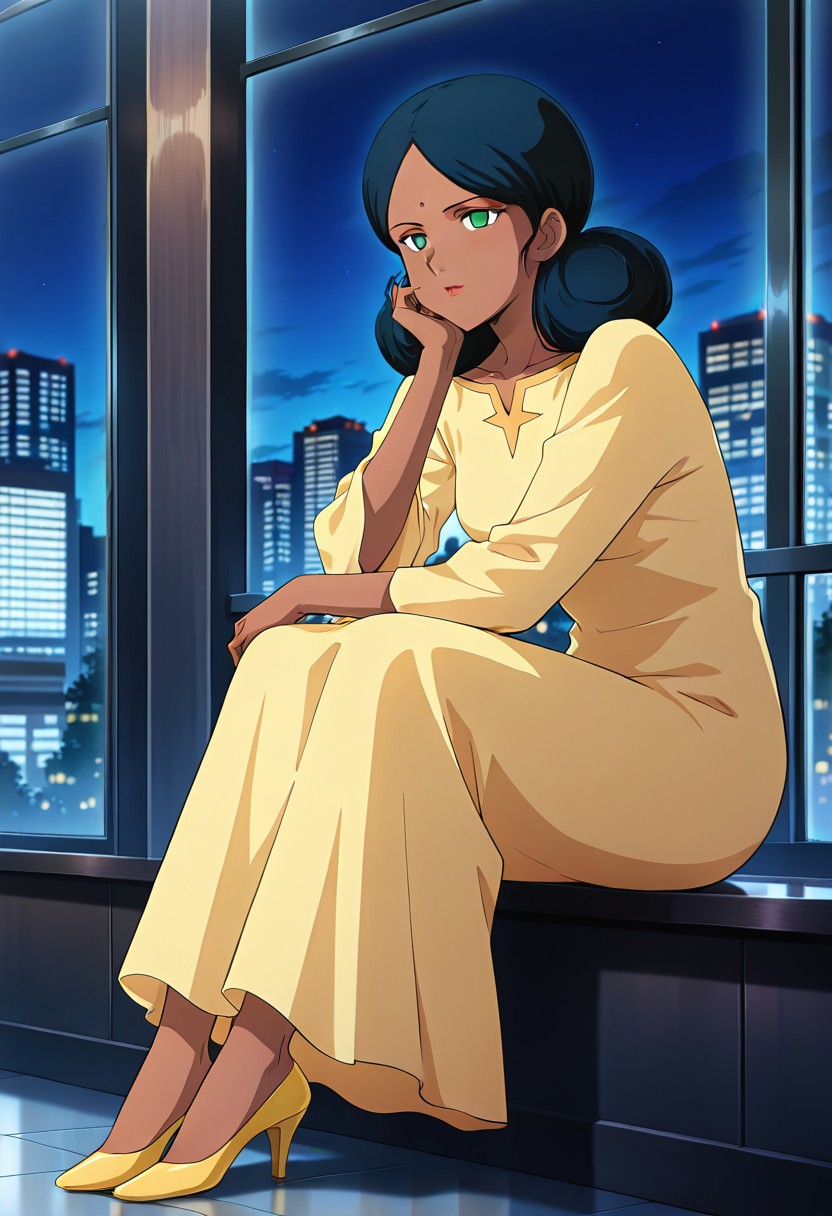 ((masterpiece, absurdres)), best quality, amazing quality, newest, 4k, anime coloring, very aesthetic, ray tracing, Smooth Quality, CG, source_anime,
city view,lalah, 1 female, dark skin, double bun hairstyle, blue hair, green eyes, red lips, forehead mark, yellow long dress,high heel shoes, sitting