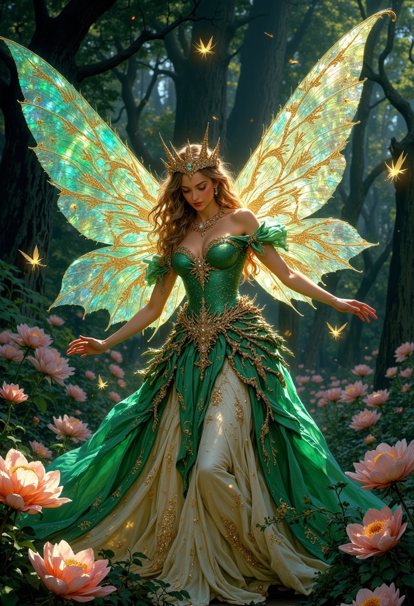 In the ethereal Fae Realm, an enchanting fairy queen dances gracefully among shimmering petals and twinkling fireflies. This beautifully crafted painting captures her delicate wings, sparkling in hues of opal and emerald, as she radiates an otherworldly aura. The intricate details of her flowing gown, adorned with pearls and delicate embroidery, enhance the image's mesmerizing charm. This stunning artwork expertly blends fantasy with elegance, inviting viewers into a realm of whimsical enchantment.