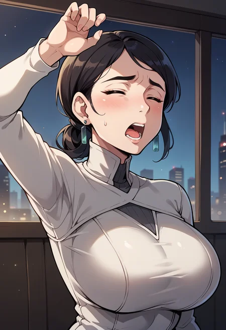 score_9, score_8_up, score_7_up, score_6_up BREAK 1girl, solo, mature female, <lora:volskayaOW-ponyxl-beta3-10:1.0>, volskayaOW, single hair bun, makeup, closed eyes, exhausted, yawning, sweatdrop, portrait, close-up, huge breasts, open clothes, turtleneck, hand to own mouth, arm up, bokeh, earrings, white clothes, long sleeves, armpits, black hair, grey sweater, indoors, science fiction, dark, night, window, skyline,