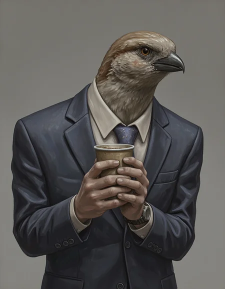 realistic, sparrow|human, clasped in suit, having a coffee