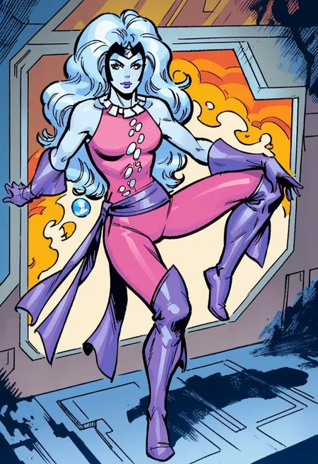 1girl, score_9, score_8_up, score_7_up, masterpiece, high quality, western cartoon, very detailed, full color picture, vibrant colors, solo, alone, 1girl, cute face,
oracle, pale blue skin, white hair, long hair, makeup, purple lips, purple gloves, purple sash, white necklace, white decal on suit, black headdress, bodysuit, suit1, purple boots, uneven boots, sleeveless, hazel eyes,
action pose, dynamic, looking at viewer, full body, spaceship, interior, metallic room,