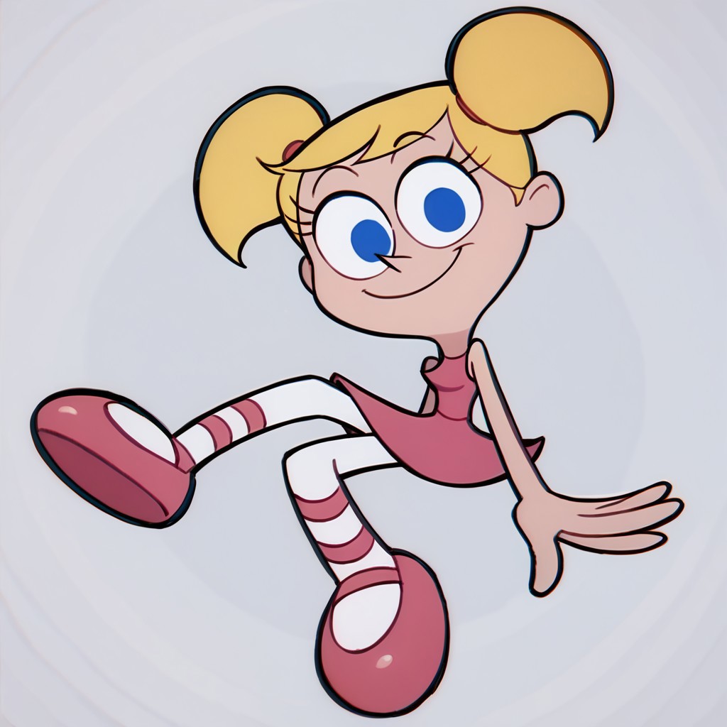score_9, score_8_up, score_7_up BREAK DeeDeeDL, 1girl, blonde pigtails, blue eyes, sleeveless pink dress, white tights, pink ballet shoes, smiling at viewer, solo, solo focus,