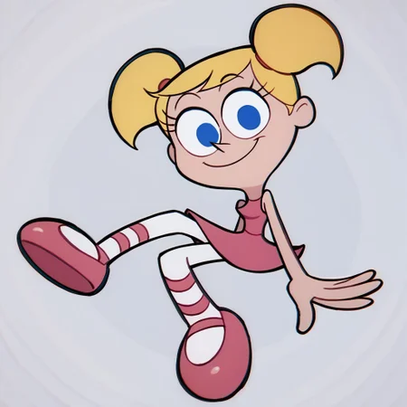 score_9, score_8_up, score_7_up BREAK DeeDeeDL, 1girl, blonde pigtails, blue eyes, sleeveless pink dress, white tights, pink ballet shoes, smiling at viewer, solo, solo focus,