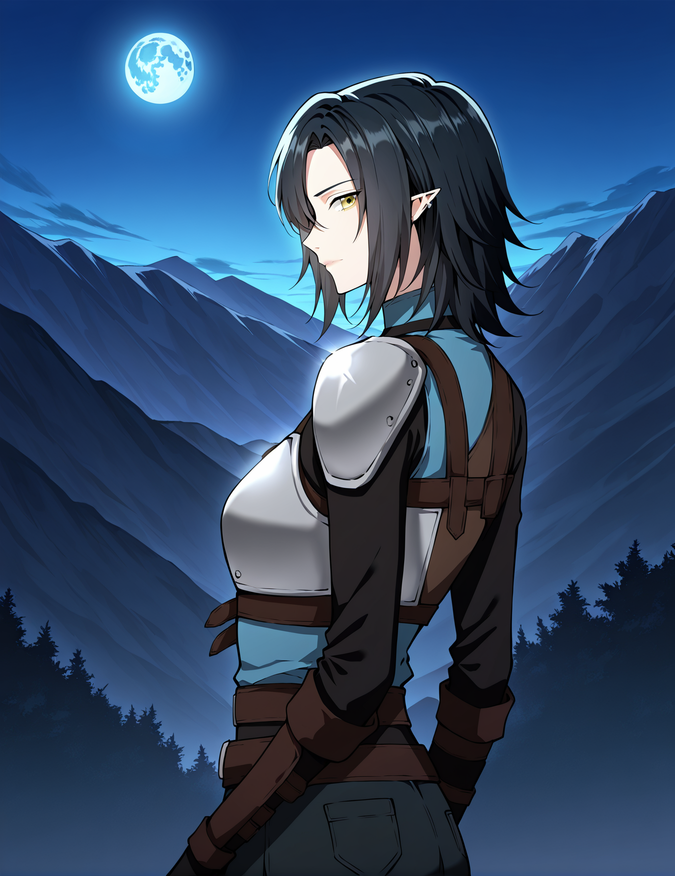 <lora:Helen_Shard__The_Beginning_After_the_End__Illustrious:1>
1 girl, solo, elf, pointy ears, black hair, medium hair, yellow eyes, blue shirt, pants, fingerless gloves, armor, shoulder armor, belt, ear piercing,
blue shirt, pants, fingerless gloves, armor, shoulder armor, belt, ear piercing
score_9, score_8_up, score_7_up, source anime, BREAK, cowboy shot, (from side), looking back, looking at viewer, overlooking mountain, high altitude, scenery, exterior, background, (solo), night, blue moon