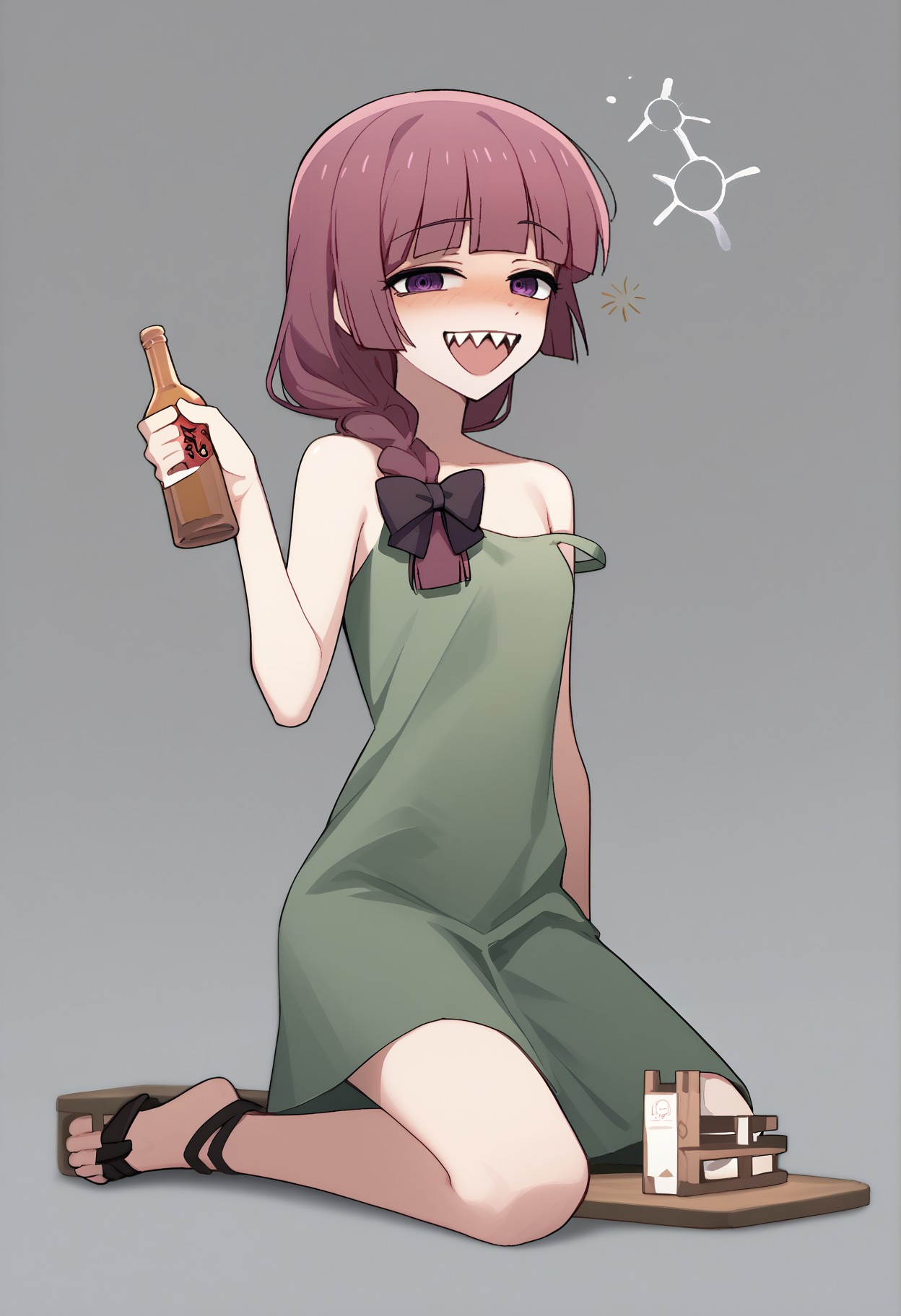 score_7_up, score_6_up, <break> simple background, white background, solo, 1girl, hiroi kikuri, sharp teeth, drunk, smile, open mouth, kneeling, holding alcohol, single braid, hair over shoulder, hair bow, purple eyes, green dress, strap slip, sandals, bare shoulders
 <segment:yolo-face_yolov8m.pt,0.4,0.5//cid=1>