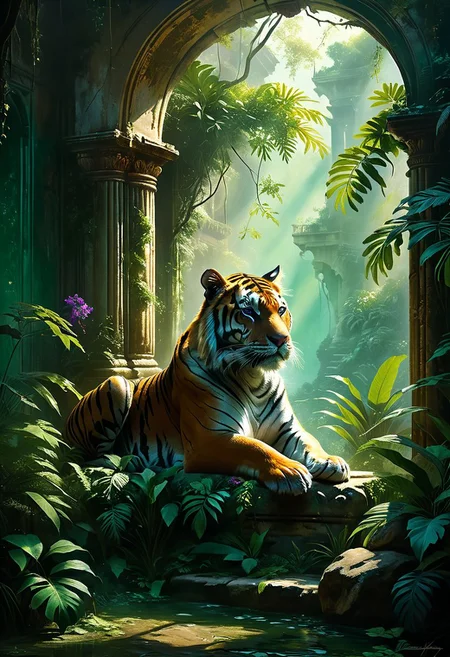 a Jeremy Mann-inspired oil painting in ultra HD 8K, displaying a majestic green and purple tiger enthroned in a mysterious jungle palace. Sunlight filters through lush foliage, while the tiger surveys its domain from a stone window, embodying regal poise and introspection. The chamber combines opulence with signs of decay amidst rich jungle life, capturing the glory of a forgotten empire. In a low-key digital style, the tiger's face is dramatically lit, with airborne pollen adding to the scene's enigma. Envision an Ivan Aivazovsky level of skill in this high-resolution masterpiece that balances symmetry with moody, action-infused realism, framed by conceptual art aesthetics and mystical atmosphere. dark chiaroscuro low-key zavy-rmlght