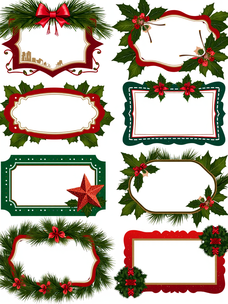 Christmas Label Tags 4x2 grid layout, lines, colorful christmas frames with a christmas icon on the side. No text. White background.
<lora:ChristmasLabelsFlux:0.9>