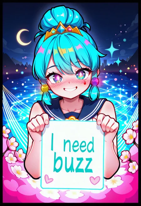 (ULTRA VIRAL:1.3), (masterpiece, 8k, Unreal Engine:1.2), 1girl, [SAILOR MOON:Bishoujo Senshi:0.95], iconic odango hairstyle, BLUE EYES SHINING WITH HOPE,  
<RAZOR FOCUS:  
- Crystal sign panel: ((panel with message "I NEED BUZZ, PLEASE, POWER MY MOON PRISM!")), (glowing kanji + dollar sign sparkles),  
- Classic sailor collar (red/blue),  
- Golden brooch emitting light particles,  
- Glimmering tiara,  
- PERFECT DYNAMIC POSE: leaping forward, finger pointed DIRECTLY AT VIEWER>,  
AESTHETIC NOSTALGIA BOMB:  
- Magical sparkles, cherry blossoms, crescent moon bokeh,  
- Background: Tokyo at twilight (rainbow city lights + Rainbow Bridge cameo),  
- Cinematic lens flare, ethereal glow on skin,  
- (Gentle blush:1.1), determined smile,  
- Stylized text bubble: "Your Buzz = My Magic!" (upper corner),  
TECH MAGIC:  
trending on CiviTAI, absurdres:1.5, volumetric light, hyperdetailed fabric