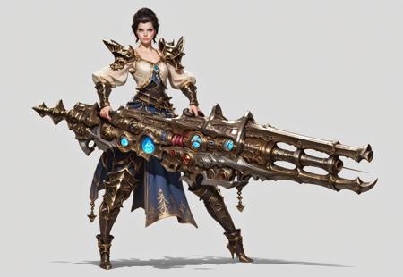 score_9, score_8_up, score_7_up, rating_safe, concept art, semi-realistic, 1girl, solo, 
Young beautiful face, fit body, 
HHWeapon, Holding weapon, ((Huge weapon)),
Holding weapon with two hands.
Fantasy gun. 
Simple background.
