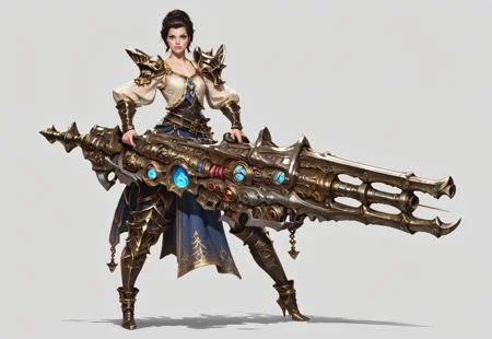 score_9, score_8_up, score_7_up, rating_safe, concept art, semi-realistic, 1girl, solo,
Young beautiful face, fit body,
HHWeapon, Holding weapon, ((Huge weapon)),
Holding weapon with two hands.
Fantasy gun.
Simple background.