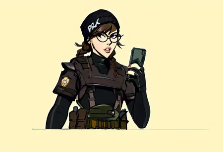 score_9, score_8_up, score_7_up, score_6_up, score_5_up, score_4_up,high details, perfect face,
KaraHitsuPXL,1girl, brown hair, long hair, bangs,black eyes, buck teeth,teeth,parted lips
gloves,hat,black eyes,glasses,black gloves,fingerless gloves,lips,twin braids,black headwear,bodysuit,skin tight,black-framed eyewear,pouch,round eyewear,black bodysuit,beanie,holster,tactical clothes
sketch, photo, desk, light, profv, holding gun,
yoji_shinkawa style, colored sketch, BlackWhiplash Style, 18dart3