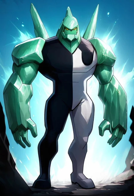 zPDXL3, Expressiveh, (Solo), 1boy, Diamondhead, alien, yellow eyes, no pupils, no nose, turquoise skin, diamond body, big hands, black and white spandex, sharp body, athletic physique, posing, full body, standing straight, stand in dark alley, solo, looking at viewer, aura, blue sky