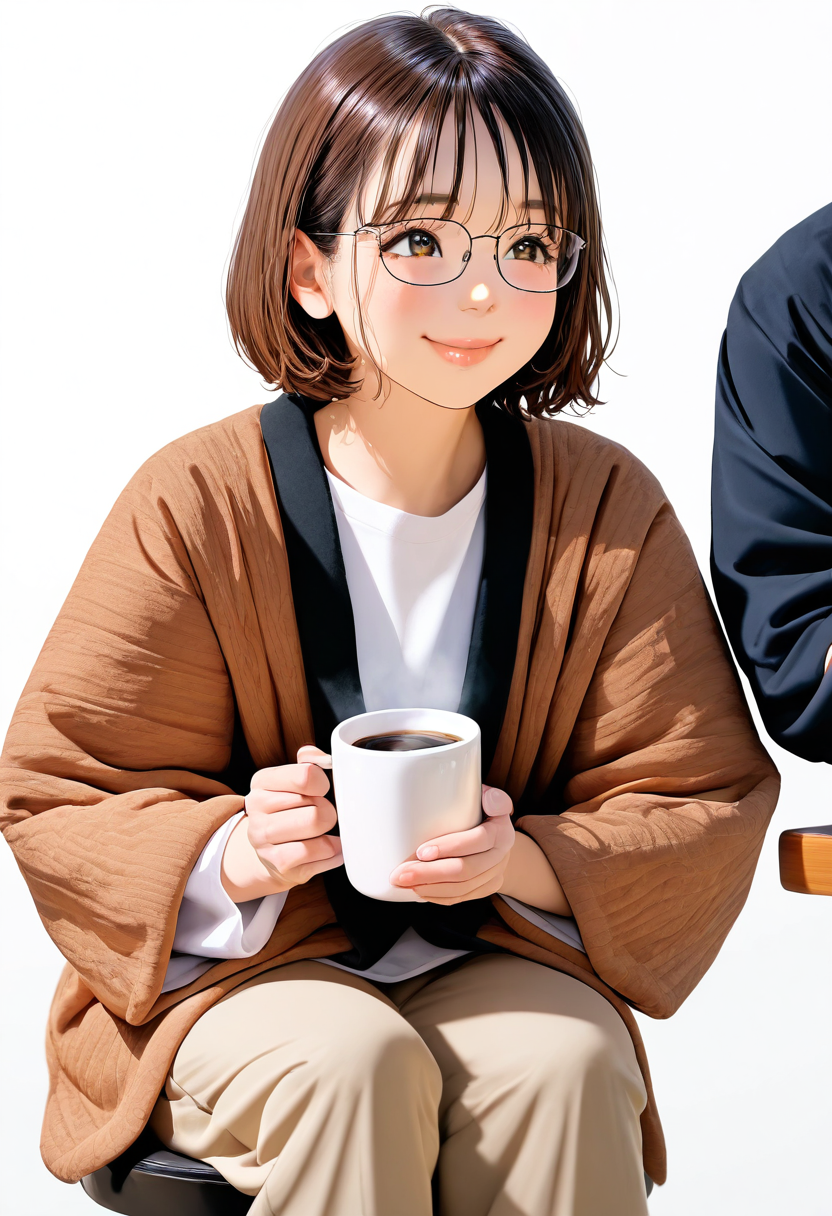 hanten, 1girl, solo, glasses, brown hair, sitting, short hair, white background, simple background, lips, holding coffee mug, shirt, pants, stool,
, happy, smile, looking at another, solo focus,
masterpiece, best quality, amazing quality, very aesthetic, absurdres,
 <lora:Clothing_hanten_illustrious_V1L_DIM4:0.8>