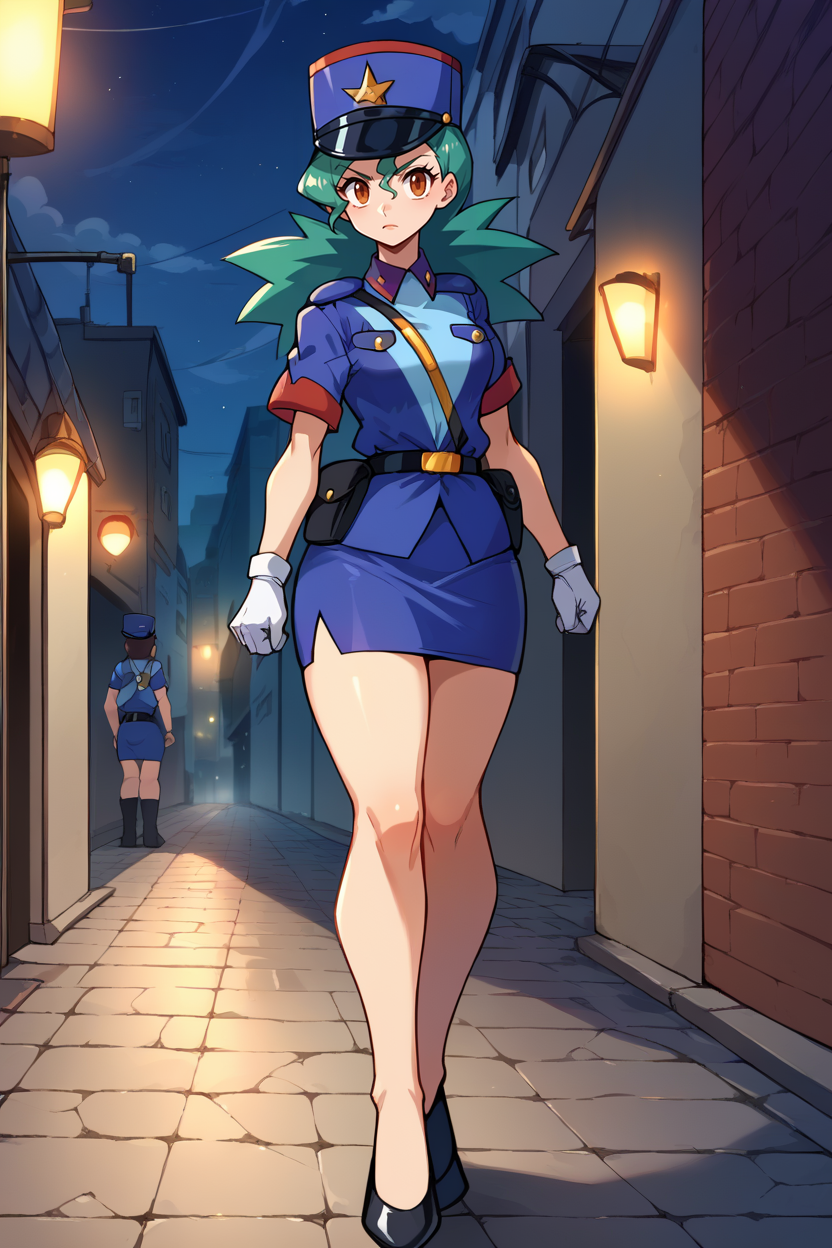 score_9, score_8_up, score_7_up, score_6_up, source_anime, BREAK 1girl <lora:pkmnjenny-pdxl-nvwls-v1-000005:1> pkmnJenny, green hair, blue hat, police uniform, blue shirt, short sleeves, belt, pencil skirt, white gloves, alleyway, looking at you, serious, night, night sky, high heels