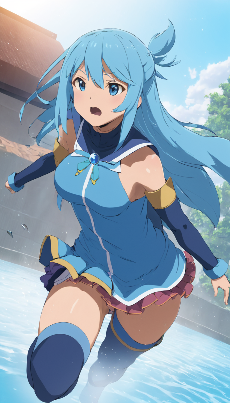 Cinematic scene, hero view, Aqua, Konosuba <lora:aqua_xl_v1:1>, action pose, detailed background, masterpiece, best quality, high quality, highres, absurdres