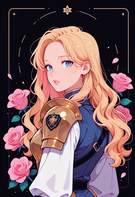 1girl, long hair, looking at viewer, blue eyes, blonde hair, long sleeves, upper body, flower, parted lips, looking back, from behind, armor, uniform, lips, petals, rose, wavy hair, shoulder armor, pink flower, pink rose, Flatline, Flat vector illustration, Black outline, Vivid colors  <lora:NJ_Vector_Style:1>