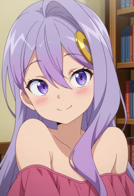 masterpiece,best quality,amazing quality, silk von santana, purple hair, long hair, purple eyes, 1girl, solo, smile, hair ornament, anime coloring, bookshelf, hair between eyes, blush, closed mouth, bare shoulders
