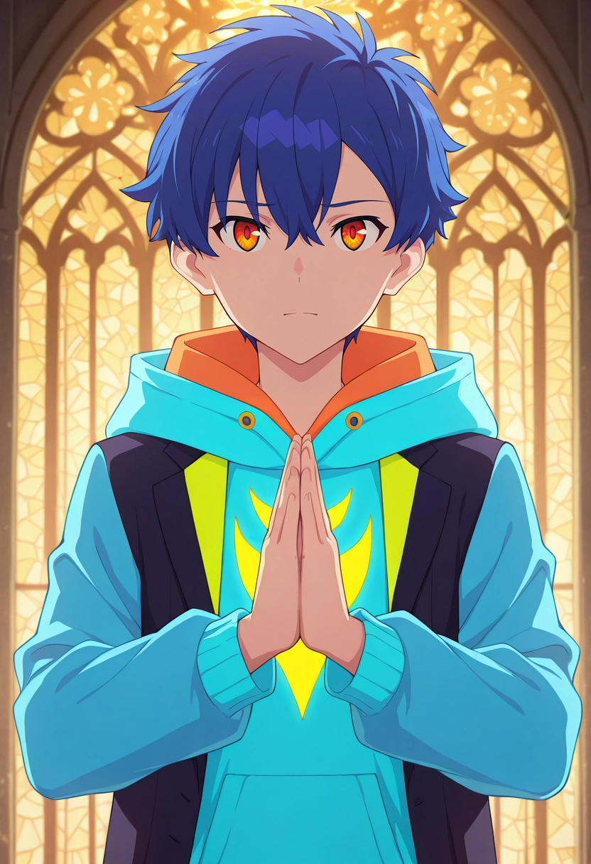 masterpiece, best quality, , anime screencap, anime coloring, official style, looking at viewer, 1boy, solo, male focus, <lora:yomogi_asanaka_ilxl:1>, yomogi_asanaka, blue hair, orange eyes, short hair, bangs, hair between eyes, , hoodie, luminous cathedral, glowing windows, radiant halls, misty pews, praying pose, solemn expression, prismatic light, Quilted joggers, Polyester Light orange Henley hoodie, , ,