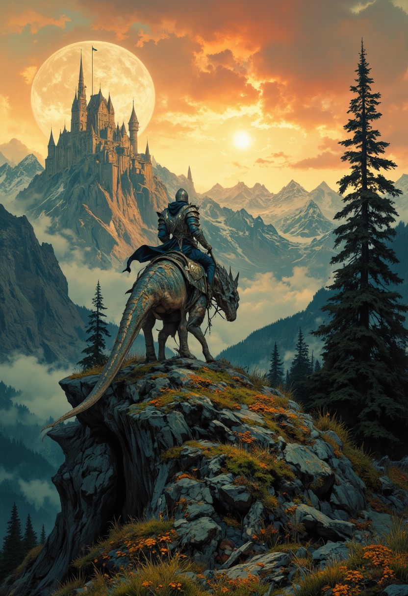 8k high quality digital painting , masterpiece, very detailed, ultra realistic, (best quality) very detailed epic masterpiece, 
unearthly beautiful, a breathtakingly beautiful landscape in the French Alps, in the foreground a shiny knight riding on a dinosaur-like dragon watches a beautiful castle in the distance, the low yellow-red sun casts long shadows, enchanting landscape, fairytale-like, calm mood, flowers in the foreground, realistic