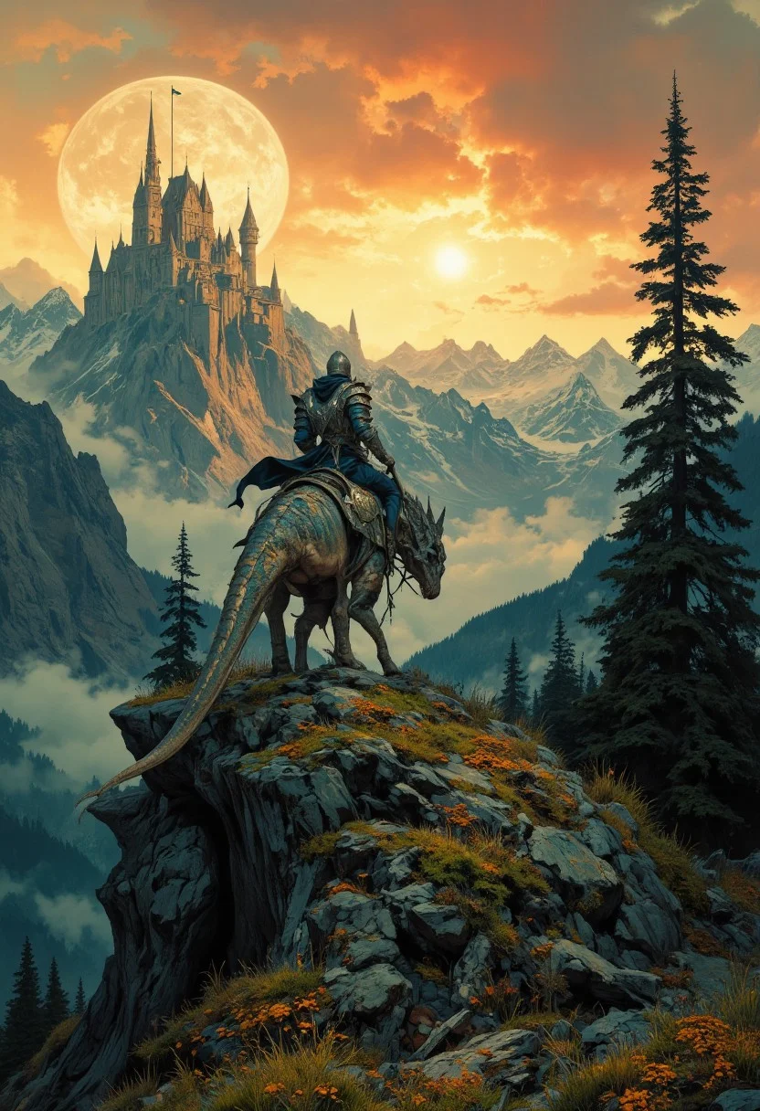 8k high quality digital painting , masterpiece, very detailed, ultra realistic, (best quality) very detailed epic masterpiece,
unearthly beautiful, a breathtakingly beautiful landscape in the French Alps, in the foreground a shiny knight riding on a dinosaur-like dragon watches a beautiful castle in the distance, the low yellow-red sun casts long shadows, enchanting landscape, fairytale-like, calm mood, flowers in the foreground, realistic