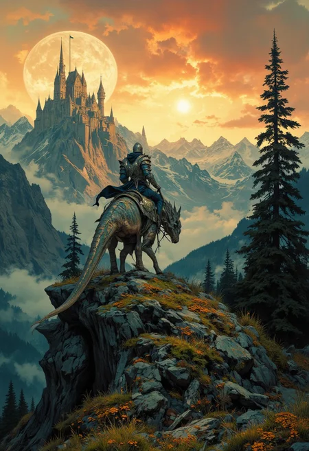 8k high quality digital painting , masterpiece, very detailed, ultra realistic, (best quality) very detailed epic masterpiece,
unearthly beautiful, a breathtakingly beautiful landscape in the French Alps, in the foreground a shiny knight riding on a dinosaur-like dragon watches a beautiful castle in the distance, the low yellow-red sun casts long shadows, enchanting landscape, fairytale-like, calm mood, flowers in the foreground, realistic