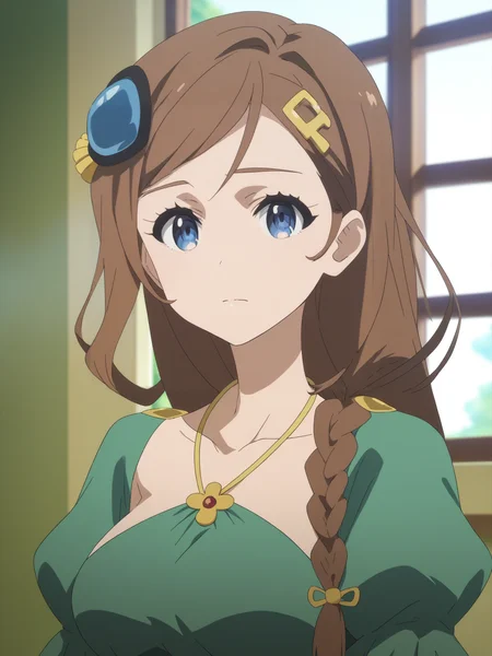 score_9, score_8_up, score_7_up, score_6_up, score_5_up, source_anime, smooth_anime,
solo, 1girl, jewelry, necklace, blue eyes, braid, upper body, brown hair, looking at viewer, breasts, hair ornament, long sleeves, closed mouth, puffy sleeves, dress, juliet sleeves, bangs, long hair, hairclip, medium breasts, window, sidelocks, cross necklace, single braid, green dress
  <lora:Cautious_Hero_Style:1>